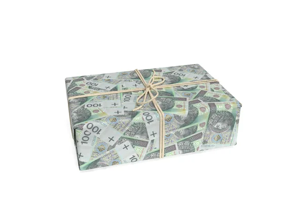 Package Gift Polish 100 Zloty Banknotes Isolated White Background Banner — Photo