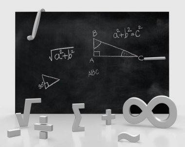 Blackboard inscribed with scientific formulas and calculations in mathematics as frame or post. Science and education background.3d rendering