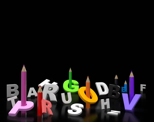 Letters and colorful crayons on clean black board background as an idea for a school banner for your social media. Back to school concept border. 3d rendering