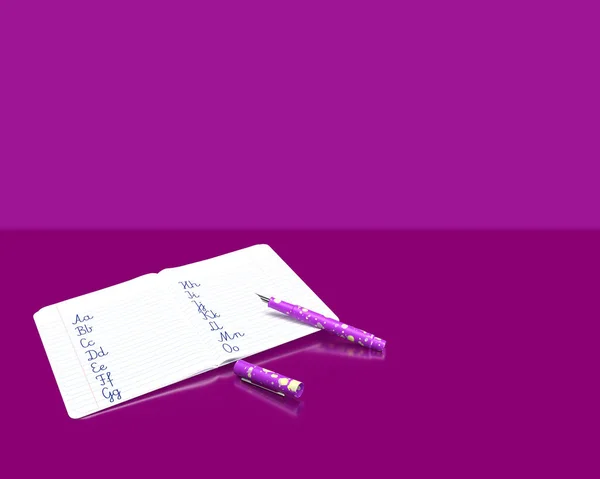 Letters written by a child in a pen in a school line notebook on purple background as an idea for a back to school banner. Concept mockup border for your social media. 3d rendering
