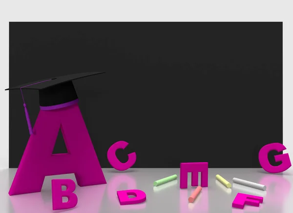 Letter A with student cap as frame with blackboard, chalk and pink text for back to school. Idea for banner for your social media university concept border. 3d rendering