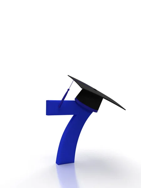 Number 7 seven with student cap on isolated background in purple for back to school. Idea for banner for your social media university concept. 3d rendering