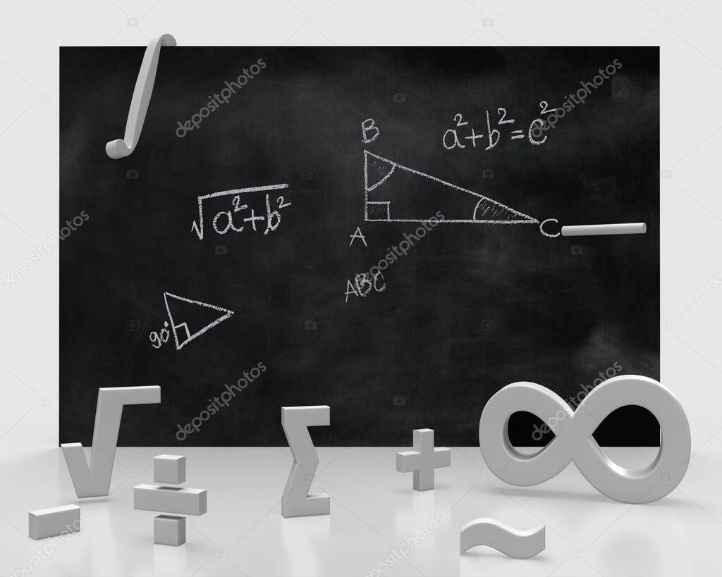 Blackboard inscribed with scientific formulas and calculations in mathematics as frame or post. Science and education background.3d rendering
