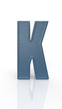Leather letter K uppercase. blue render font with skin texture on white background. 3d rendering