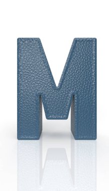 Leather letter M uppercase. blue render font with skin texture on white background. 3d rendering