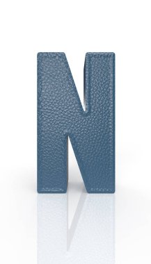 Leather letter N uppercase. blue render font with skin texture on white background. 3d rendering