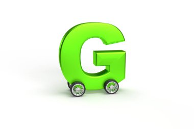 Alphabet G as car with wheels isolated in green on an isolated white background. Letter on wheel to your business banner. 3d rendernig.