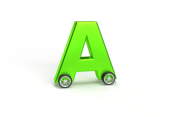Alphabet Αυτοκίνητο Τροχούς Που Απομονώνονται Πράσινο Ένα Απομονωμένο Λευκό Φόντο — Φωτογραφία Αρχείου