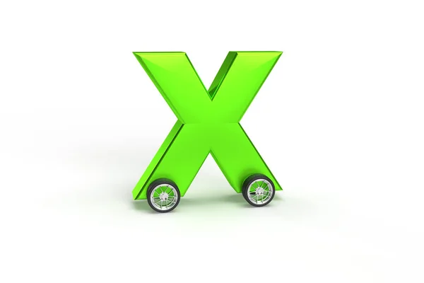 Alphabet X as car with wheels isolated in green on an isolated white background. Letter on wheel to your business banner. 3d rendernig.