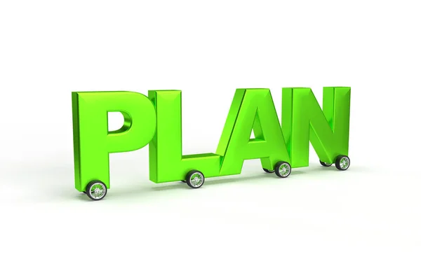 Word Plan Wheels Car Isolated White Background Green Letters Banner — Stock fotografie