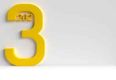 Big yellow technology number new year 2023 on a grey isolated wall. An abstract concept for a business report cover or post for your social media. 3d rendering
