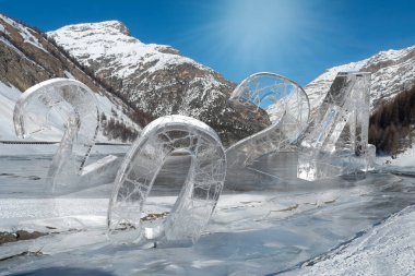 Glass number 2024 in lake during winter mountains on New Year. Snow happy transparent banner for business. 3D rendering.