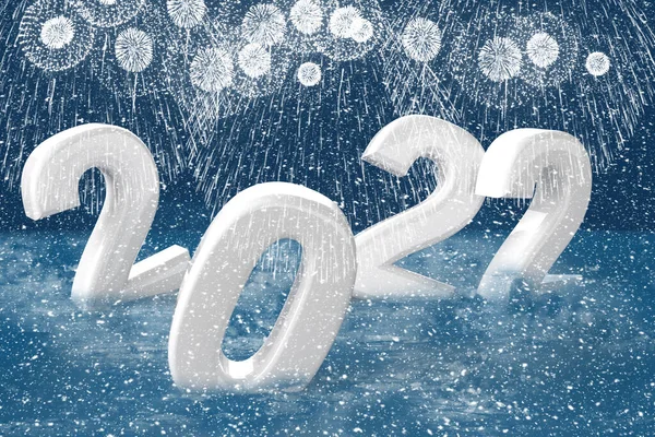2022 New Year Eve Swim River Funny Card Snow Fireworks — 图库照片