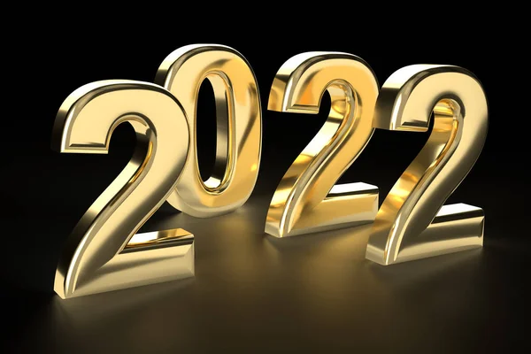 New Year's Eve. Shiny gold number 2022 on a black background.  All isolated as a banner for holiday. 3D rendering.