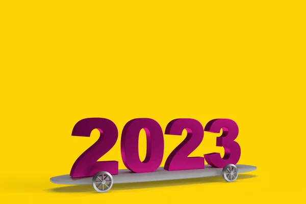 2023 new year car on skateboard with yellow and purple transport background. An business sale concept for a logistics cover or post for your social media. 3d rendering
