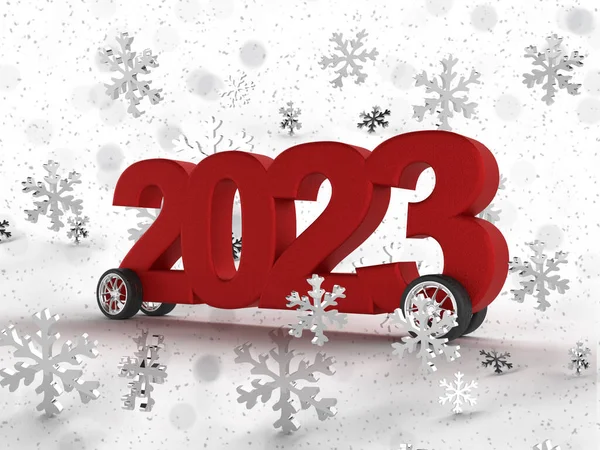 Red Inscription 2023 Wheels Celebrate New Year Funny Car Stars — 图库照片