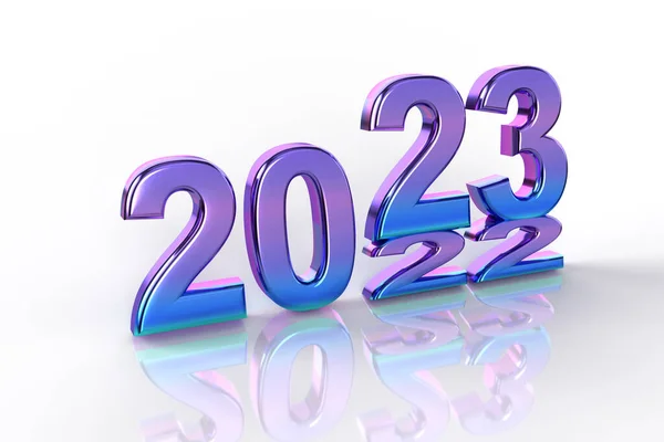Παραμονή Πρωτοχρονιάς Λαμπερό Μωβ Και Μπλε Γράμματα 2023 Λευκό Φόντο — Φωτογραφία Αρχείου