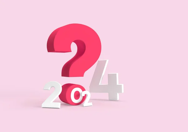 Gray 2024 with pink, purple question mark as new year card or background. An business chaos concept for a report cover or post for your social media. 3d rendering