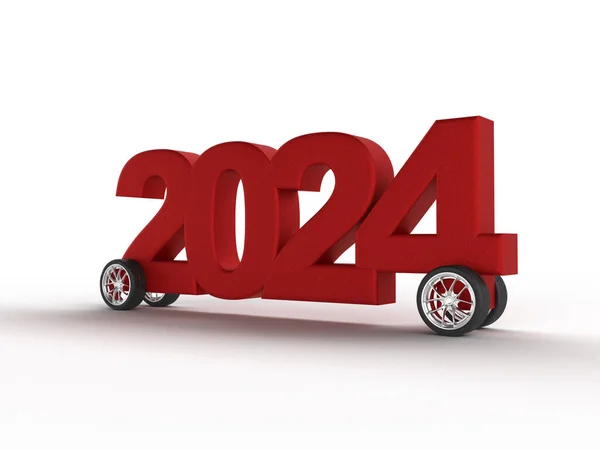 Red inscription 2024 on wheels to celebrate the new year. Funny car with stars in the background for banner or advertisement. 3d rendering.