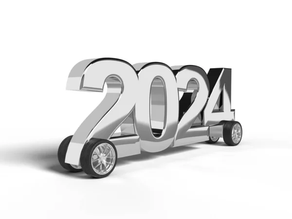 Ασημένιο Νούμερο 2024 Ρόδες Για Γιορτάσουμε Νέο Έτος Αστείο Αυτοκίνητο — Φωτογραφία Αρχείου
