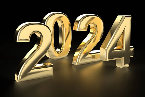 New Year\'s Eve. Shiny gold number 2024 on a black background.  All isolated as a banner for holiday. 3D rendering.