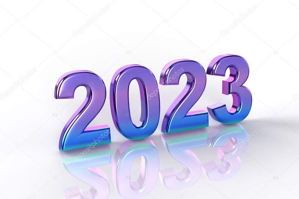 New Year's Eve. Shiny purple and blue lettering 2023 on a white background. 3d text isolated as a banner for holiday. 3D rendering.