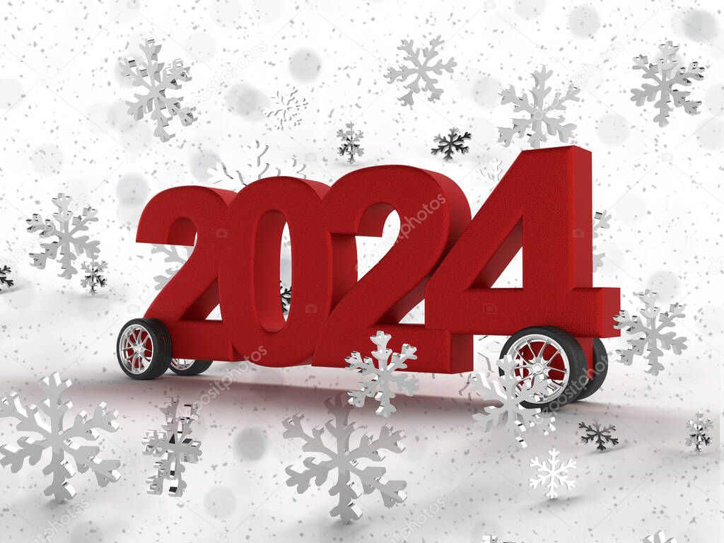 Red inscription 2024 on wheels to celebrate the new year. Funny car with stars in the background for banner or advertisement. 3d rendering.
