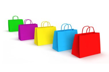 Colorful bags for sale on white isolated background. A funny card or banner for a winter discount. 3D rendering.
