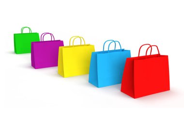 Colorful bags for sale on white isolated background. A funny card or banner for a winter discount. 3D rendering, 3d rendering