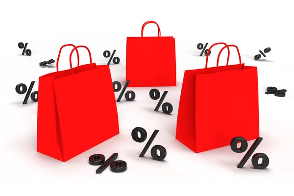 Sale banner with Big red bags and small black percentages in the background. Promotion banner for big discount. 3D rendering