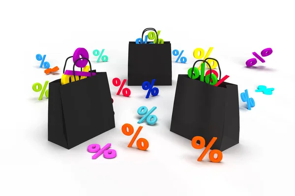 Sale Banner Big Red Bags Small Colorful Percentages Background Black — 图库照片