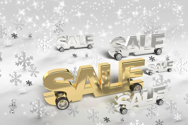 Sale on wheels during winner race in gold and silver in winter. Funny isolated car for banner or advertisement for shopping discount for christmas. 3d rendering.