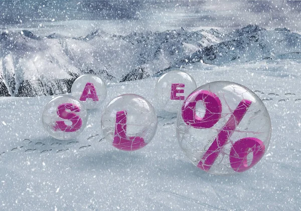 Text Sale Ice Ball Snow Mountains Blizzard Funny Card Purple — Stock Photo, Image