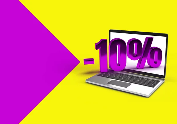 Laptop mockup with 10 percentage sale on internet shop. Online shopping on yellow and purple background. Banner with ten for post to social media. 3d rendering.