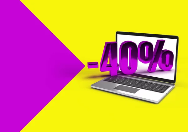 Laptop Mockup Percentage Sale Internet Shop Online Shopping Yellow Purple — 图库照片