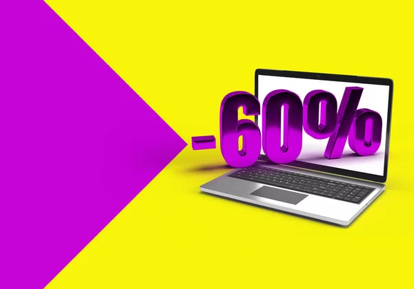 Laptop Mockup Percentage Sale Internet Shop Online Shopping Yellow Purple — Stockfoto