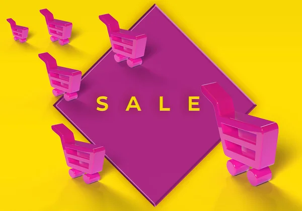 Pink Purple Shopping Carts Square Banner Yellow Background Trolley Promotion — Stock Photo, Image