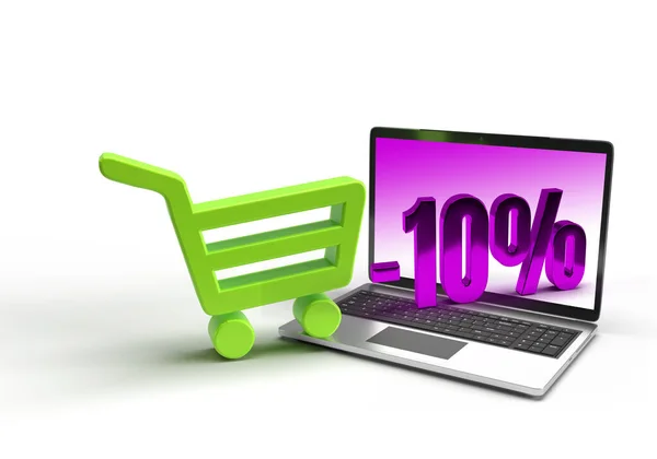 Green cart with 10 percentage on mockup laptop on a white isolated background. Eco Trolley for promotion or sale online. Carts drive to shop. 3d rendering