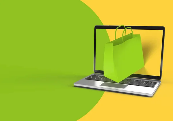 Laptop mockup with bag on internet shop. Online shopping on yellow and green background. Banner for post to social media. 3d rendering.