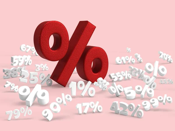 Red percentage banner with different white numbers. Seasonal sales background with big percent discount pattern. 3D rendering