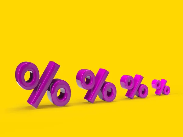 Purple, pink or violet percentage banner with different size. Seasonal sales yellow background with big and small percent discount pattern. 3D rendering