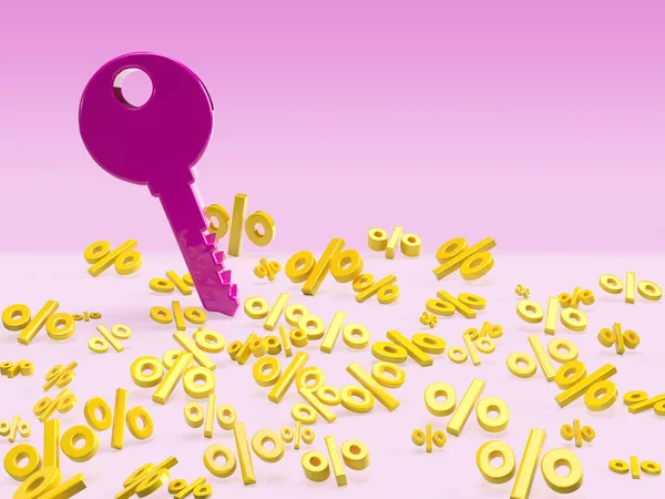 Purple key on percentage yellow sale background. Banner for seasonal home sale. Icon discount. 3D renderin