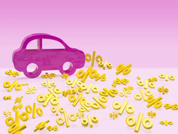 Purple car on percentage yellow sale background. Banner for seasonal cars sale. Icon discount. 3D renderin