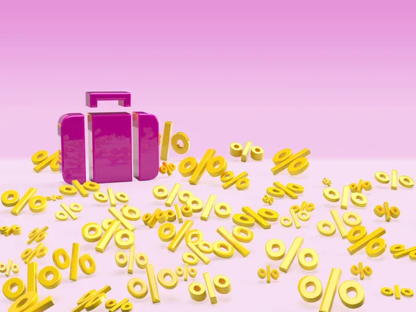 Purple suitcase on percentage yellow sale background. Banner for seasonal travel sale. Icon discount. 3D renderin