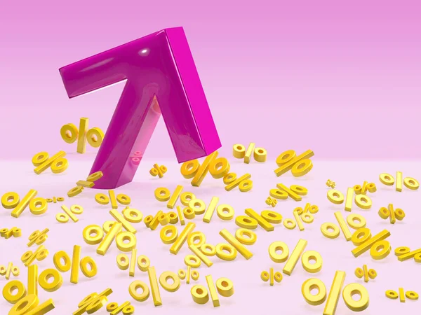 Purple arrow on percentage yellow sale background. Banner for finance growth. Icon discount. 3D rendering