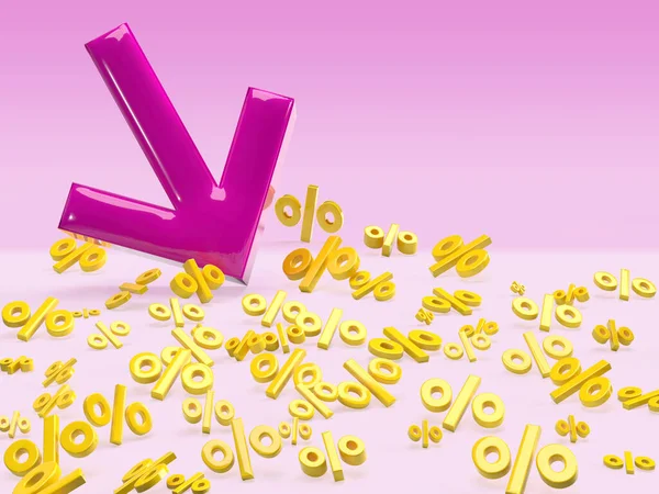 Purple arrow on percentage yellow sale background. Banner for finance down. Icon discount. 3D renderin