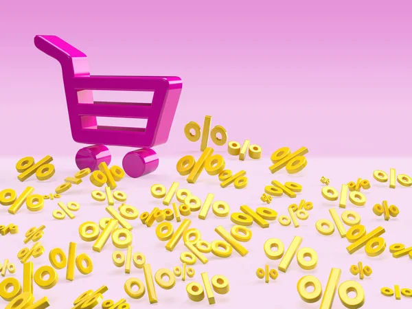 Purple trolley or basket sign on percentage yellow sale background. Banner cart for shop promotion. Icon discount. 3D rendering