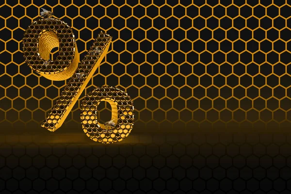 percent hive with bee on honey comb  Shiny hexagonal gold percentage on a black background.  Banner for your business. 3D rendering