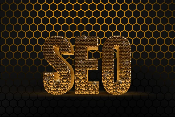 Altın mesaj ya da SEO bal dolu bir kovan gibi. İş yerindeki konumlandırma web sitesi afişi. 3d oluşturma