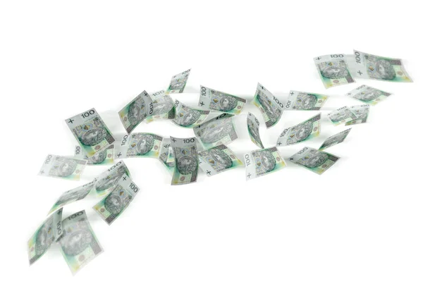 Flying polish 100 zloty banknotes isolated on white background. Banner with money from Poland.